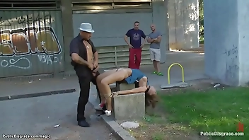 Bound Euro babe fucked in public