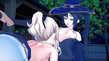 Futa Jean eats pussy before fucking Mona doggy style with her big cock - Genshin Impact Futanari Hentai.