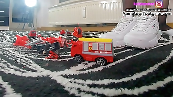 Crush smashes 5 fire cars ballerinas sneakers high heels Nylons Girl totally destroys 5 fire engines she smashes 5 cars in a row and with 4 different shoes ballerinas sneakers high heels