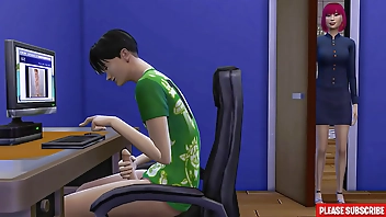 Japanese step-mom catches step-son masturbating in front of computer