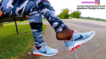 Nike Girl with sweaty nylons Nikes, insoles, stinky feet, lick her shoes, sweaty feet, shoeplay, dipping