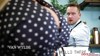 Busty milf blowjobs then fucks barista