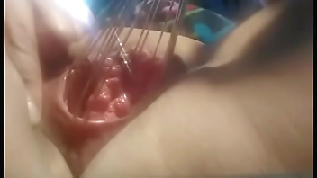 Friend stretching her pussy with a whisk