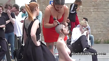 Brunette trimmed in lezdom in public