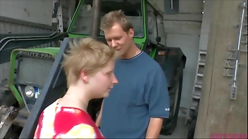 Ugly chubby blonde garage boss fuck her employee, eating his cum