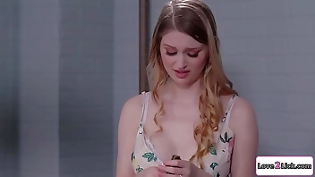 Husbands stepsister licks busty blondes pussy in escape room