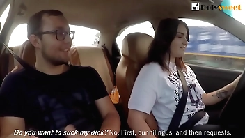 Girl jerks off a guy and masturbates herself while driving in public (talk)
