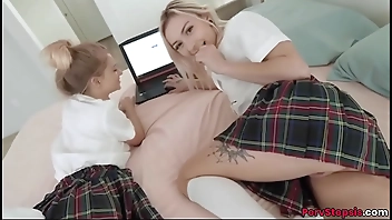 Blonde stepsister Riley Star and BFF Chloe Temple fucked by stepbrother in threesome