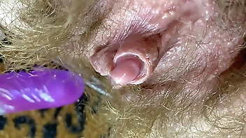 Bunny vibrator test masturbation POV closeup erected big clit wet orgasm hairy pussy