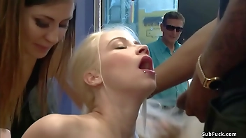 Pale blonde gangbanged in public