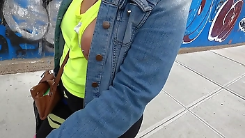 Wife no bra side boobs with pierced nipples in public flashing