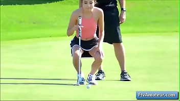 Young amateur cutie girl Adria gets naughty on the golf field and gets fully naked