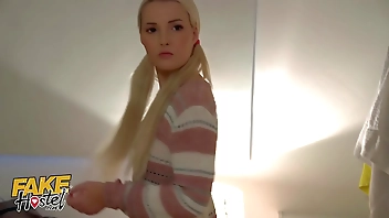 Fake Hostel Blonde sub teen takes huge black cock and massive facial