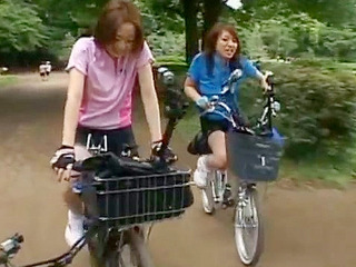 Anri Hiramatsu's and Rina Yuuki's pussies get fucked while riding a bike in XXX Japanese toyfuck action.